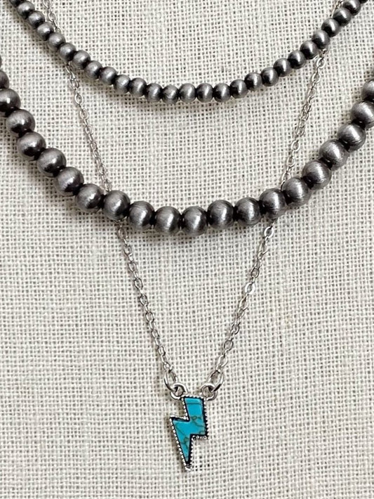 Turquoise Lightning Bolt and Navajo Style Pearl Necklace