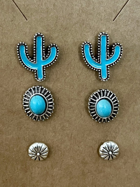 Turquoise Saguaro Cactus Stud Earring Set