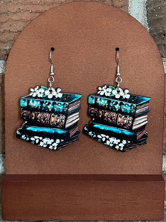 Turquoise Tooled Antique Books Wood Earrings