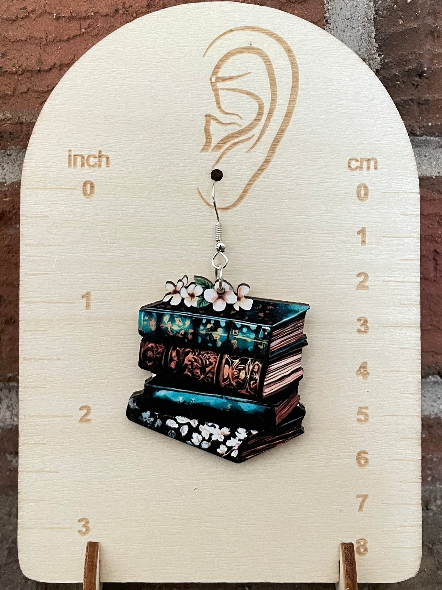 Turquoise Tooled Antique Books Wood Earrings