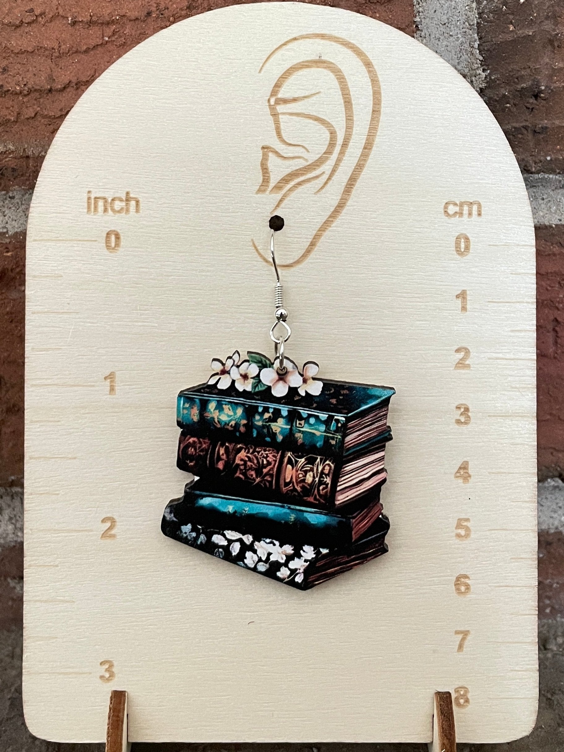 Turquoise Tooled Antique Books Wood Earrings