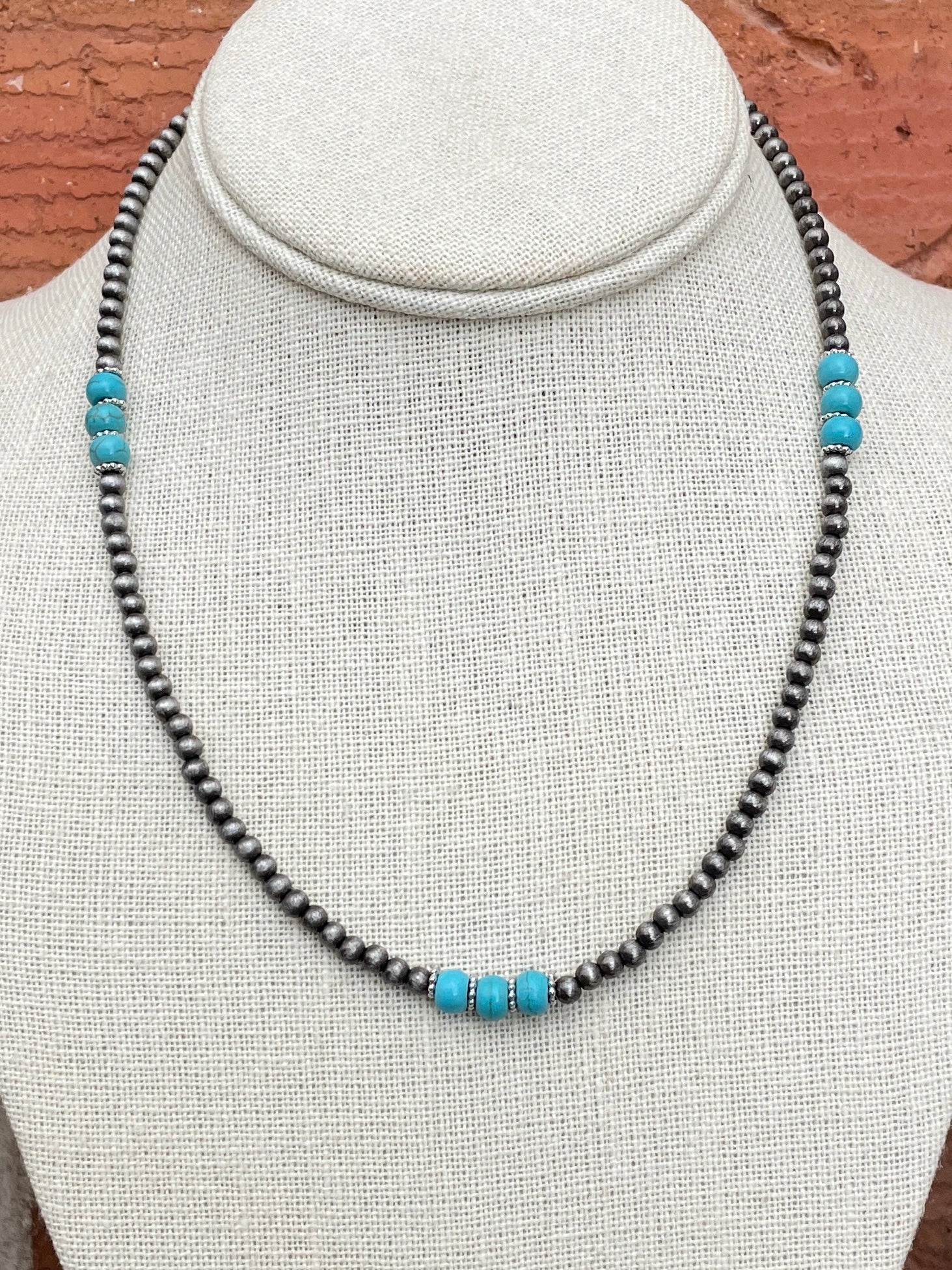 Turquoise Triple Accent Navajo Style Pearl Necklace