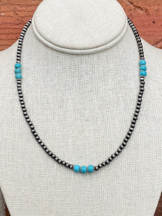 Turquoise Triple Accent Navajo Style Pearl Necklace