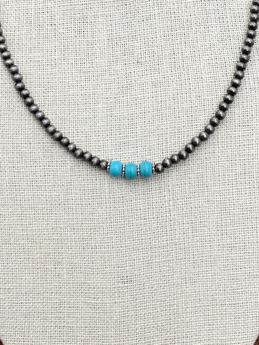 Turquoise Triple Accent Navajo Style Pearl Necklace