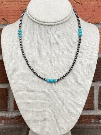 Turquoise Triple Accent Navajo Style Pearl Necklace