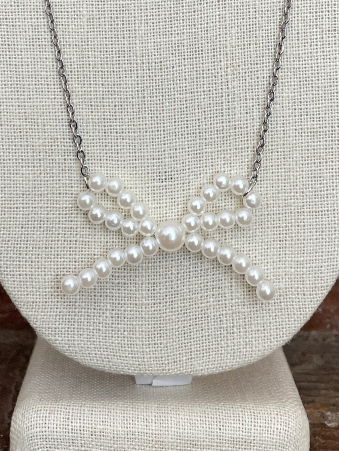 White Faux Pearl Bow Necklace with Chain