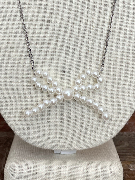 White Faux Pearl Bow Necklace with Chain