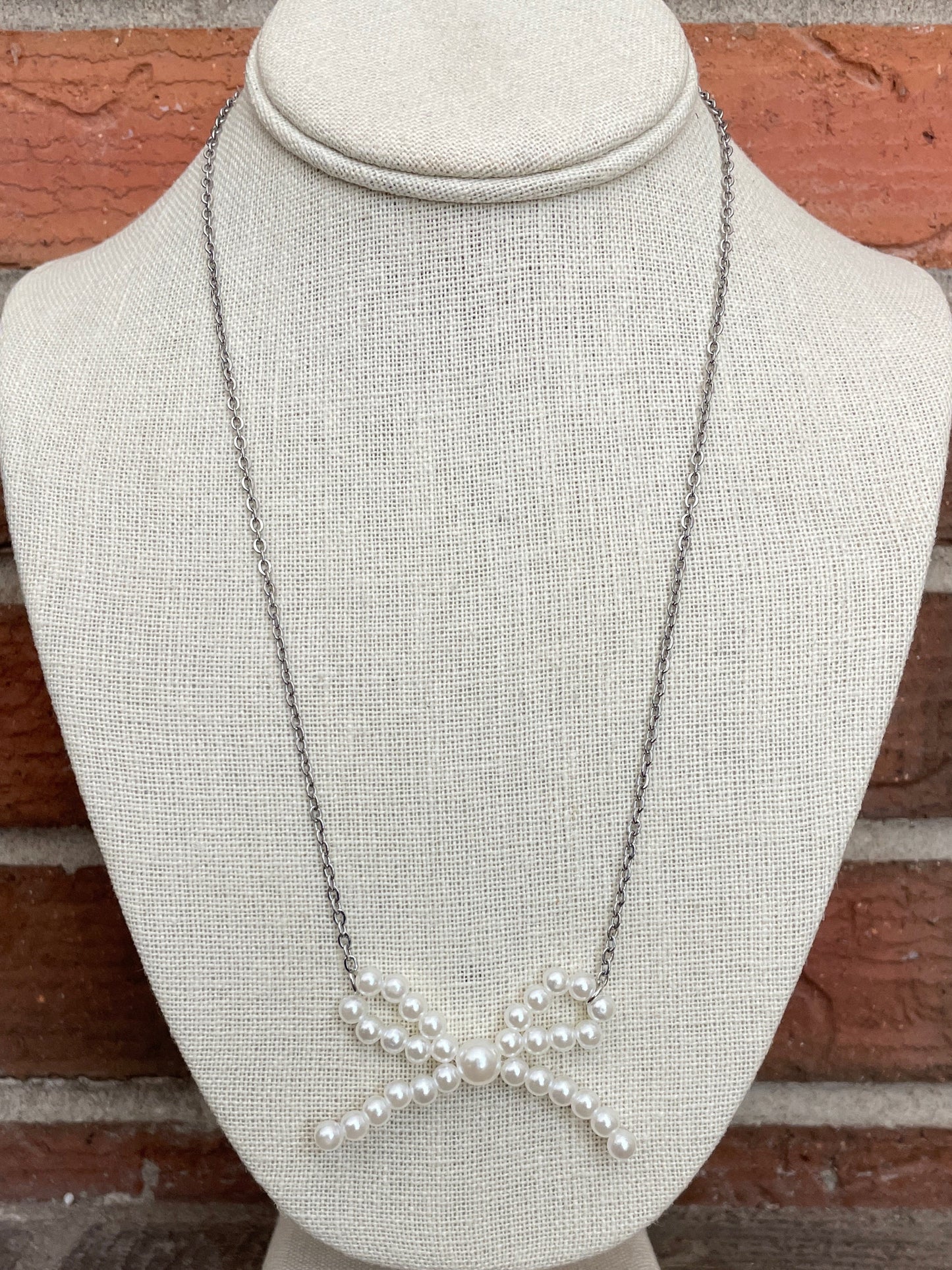 White Faux Pearl Bow Necklace with Chain