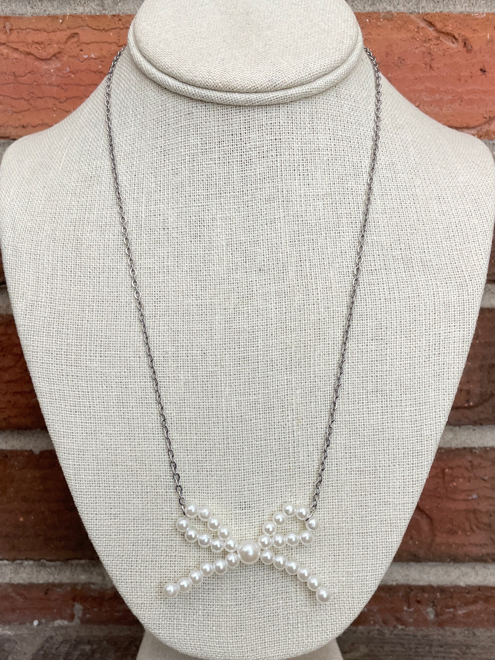 White Faux Pearl Bow Necklace with Chain