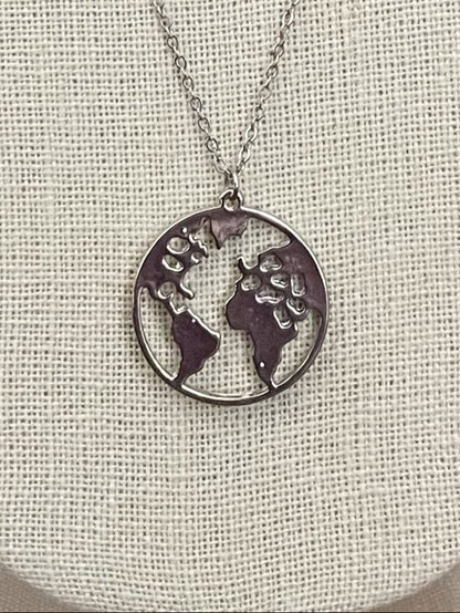 World Map Disk Necklace - Silver