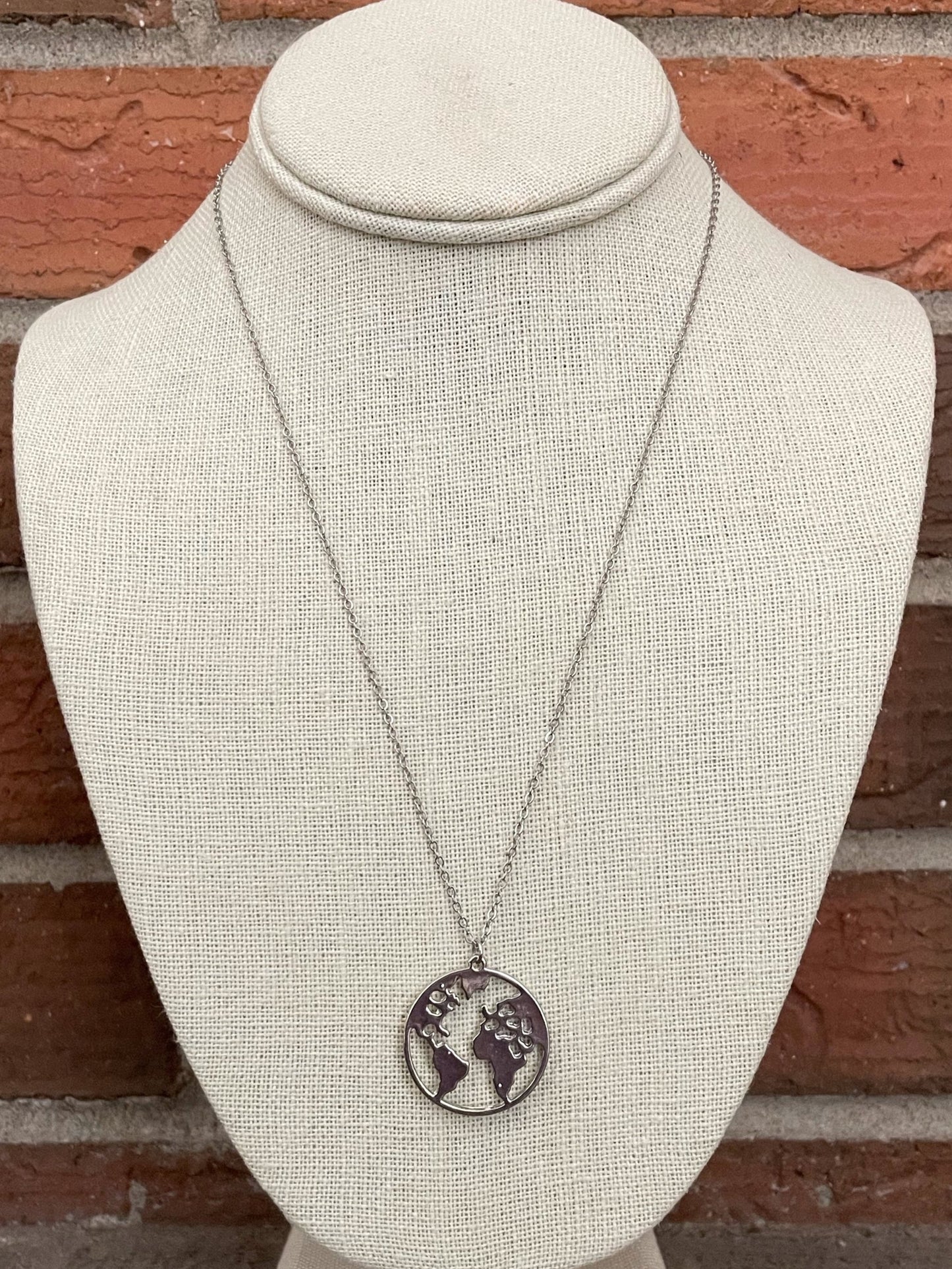 World Map Disk Necklace - Silver