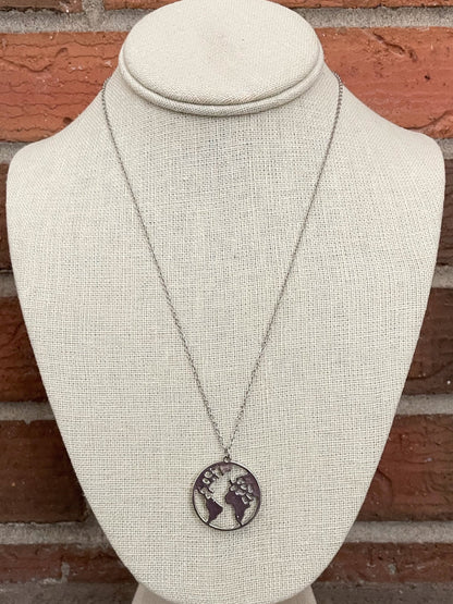 World Map Disk Necklace - Silver