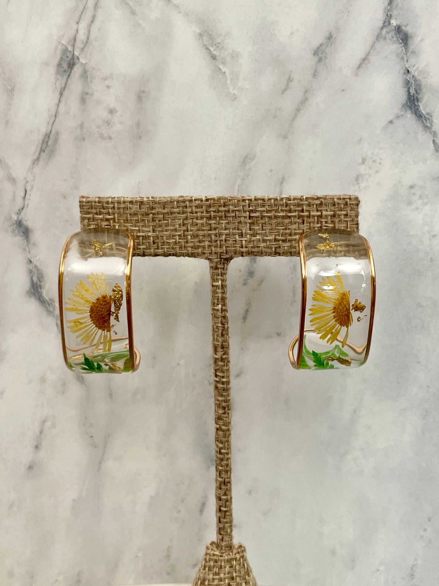 Yellow Wildflower Resin Hoop Earrings
