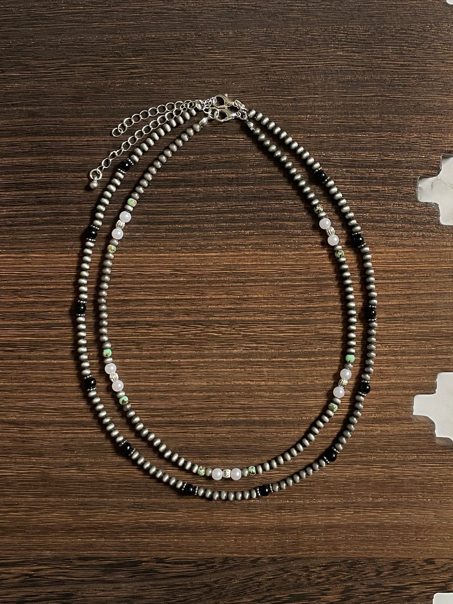 Navajo Style Pearl Necklace Set with Black, Green & White